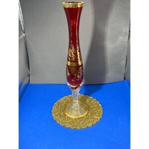 Venetian Style Murano Hand Blown Glass Vase Skinny Gold & Red